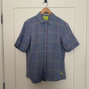 Scotch & Soda Shirt Mens Sz L Blue Rainbow Short Sleeve Button Up Cotton Linen